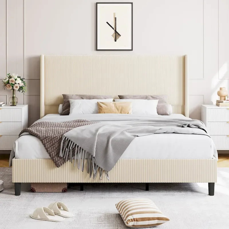 Letto Imbottito in Velluto Rosa / Grigio / Beige con Struttura a Piattaforma, Stile Wingback, Matrimoniale / Queen / King, 1–2 Persone