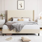 Letto Imbottito in Velluto Rosa / Grigio / Beige con Struttura a Piattaforma, Stile Wingback, Matrimoniale / Queen / King, 1–2 Persone