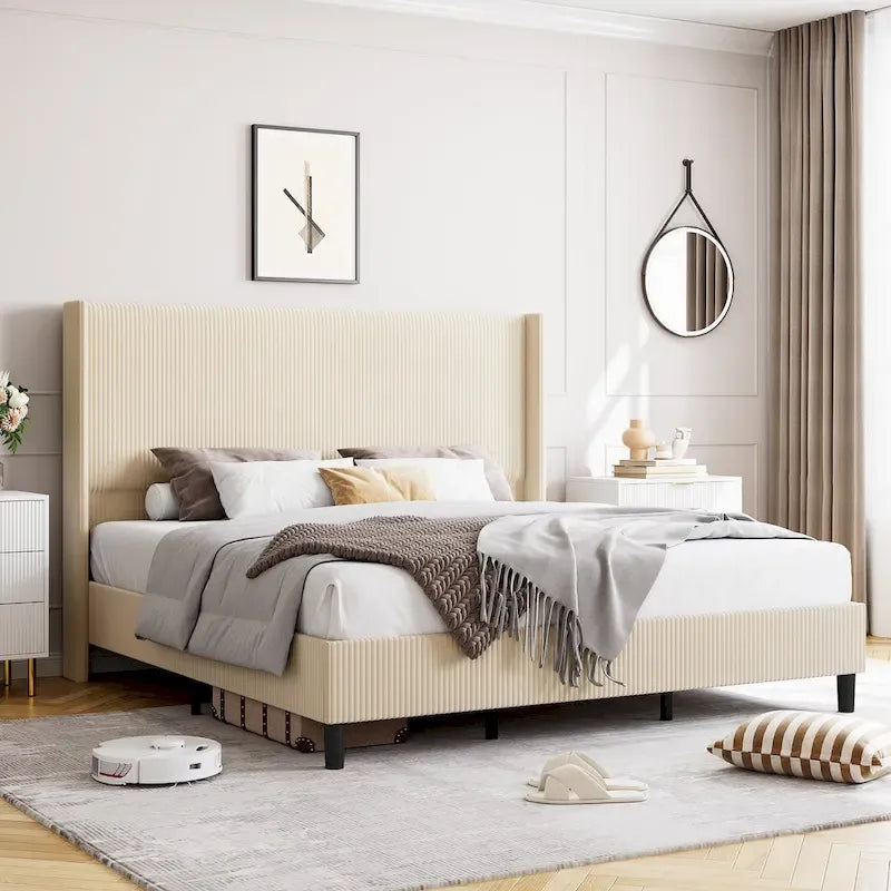 Letto Imbottito in Velluto Rosa / Grigio / Beige con Struttura a Piattaforma, Stile Wingback, Matrimoniale / Queen / King, 1–2 Persone