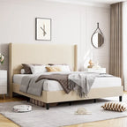Letto Imbottito in Velluto Rosa / Grigio / Beige con Struttura a Piattaforma, Stile Wingback, Matrimoniale / Queen / King, 1–2 Persone