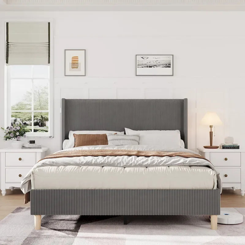 Letto Imbottito in Velluto Rosa / Grigio / Beige con Struttura a Piattaforma, Stile Wingback, Matrimoniale / Queen / King, 1–2 Persone