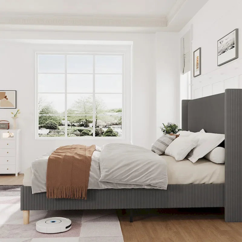 Letto Imbottito in Velluto Rosa / Grigio / Beige con Struttura a Piattaforma, Stile Wingback, Matrimoniale / Queen / King, 1–2 Persone