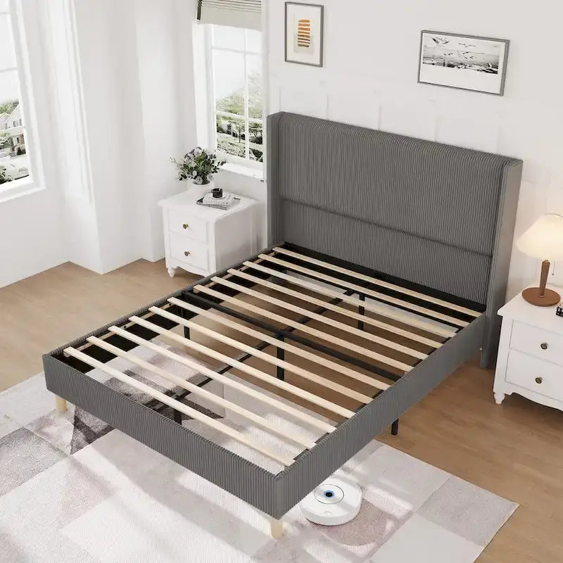 Letto Imbottito in Velluto Rosa / Grigio / Beige con Struttura a Piattaforma, Stile Wingback, Matrimoniale / Queen / King, 1–2 Persone