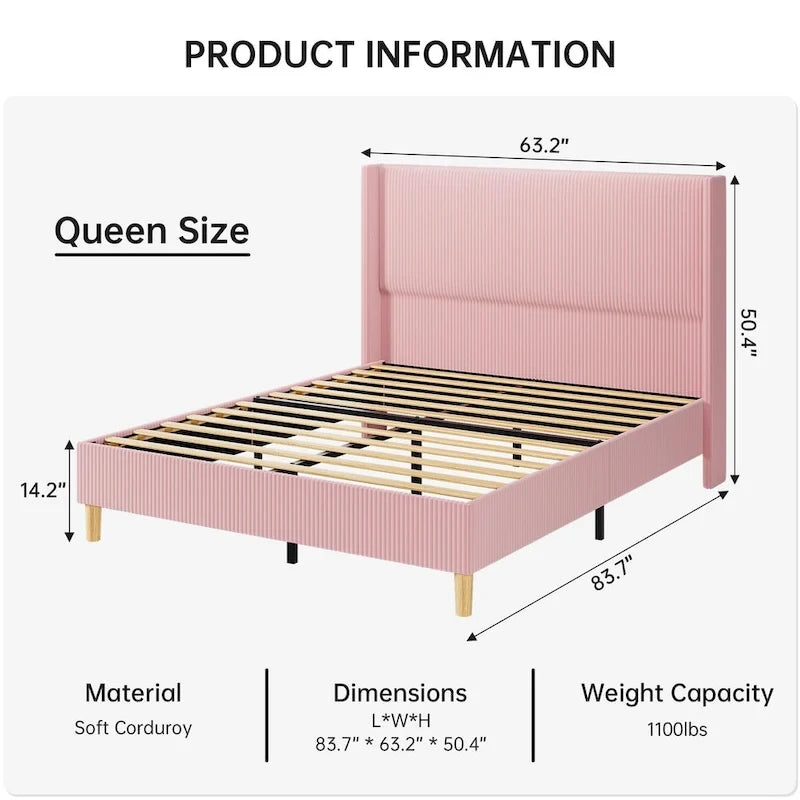 Letto Imbottito in Velluto Rosa / Grigio / Beige con Struttura a Piattaforma, Stile Wingback, Matrimoniale / Queen / King, 1–2 Persone