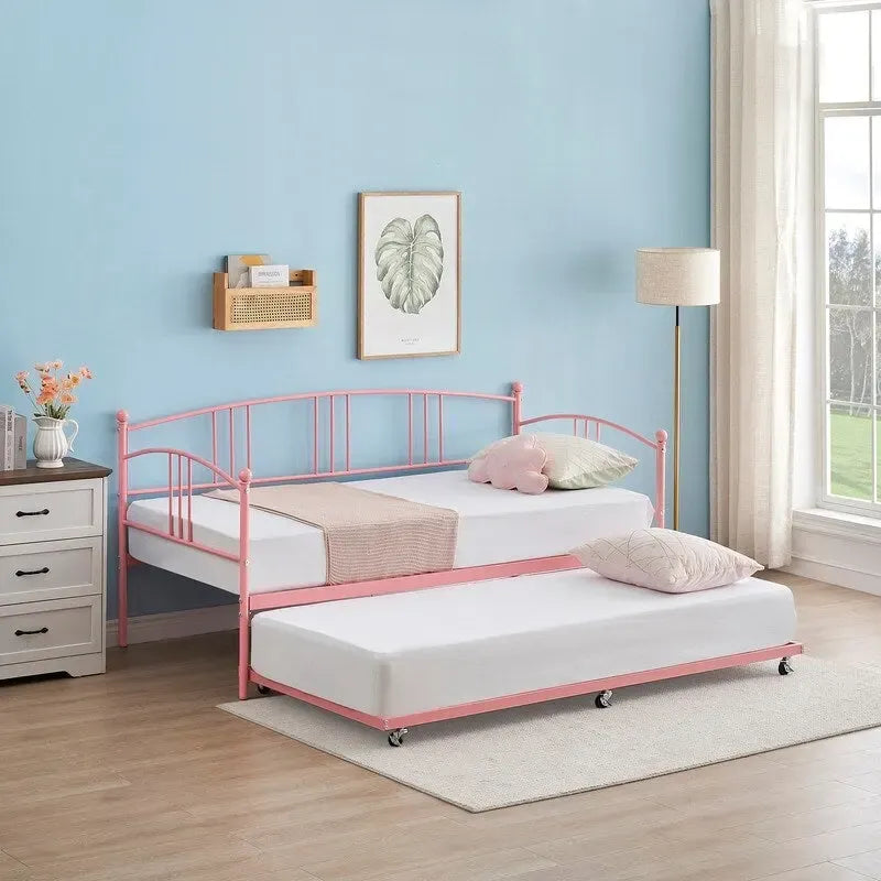 Letto da giorno gemello in metallo rosa/bianco/nero con letto estraibile, per 2 persone
