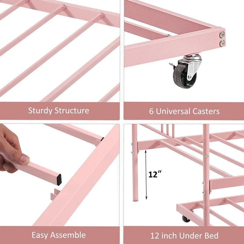 Letto da giorno gemello in metallo rosa/bianco/nero con letto estraibile, per 2 persone