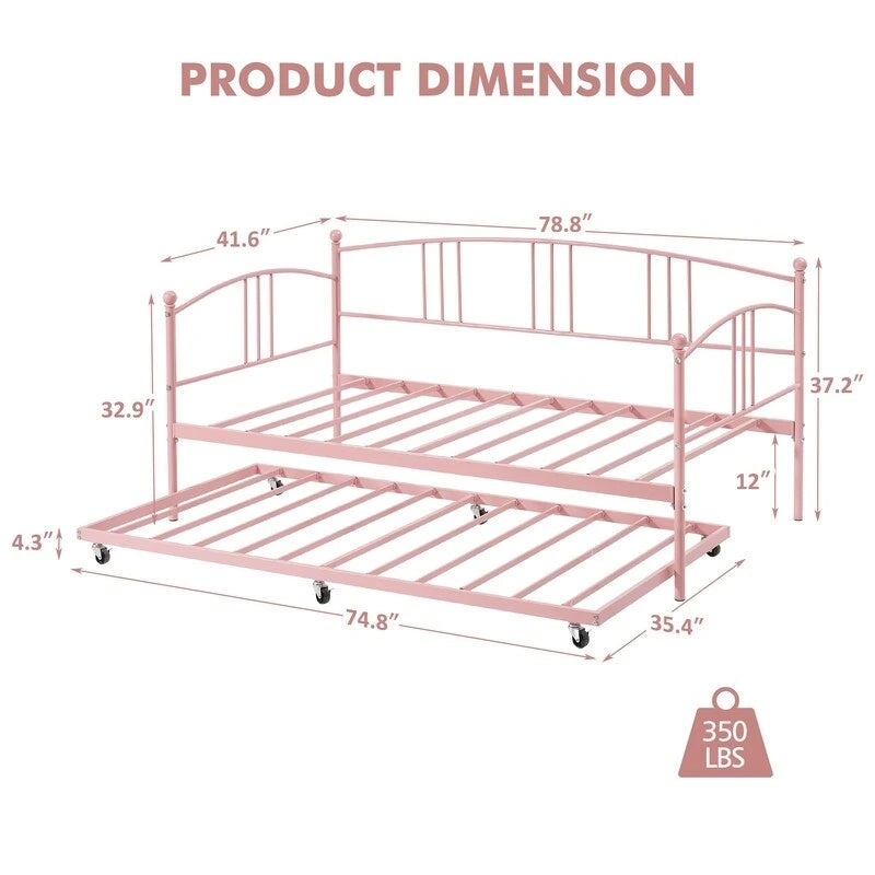 Letto da giorno gemello in metallo rosa/bianco/nero con letto estraibile, per 2 persone