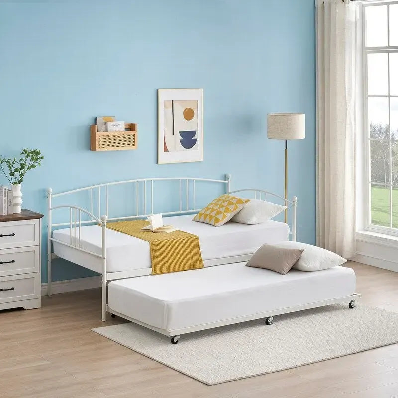 Letto da giorno gemello in metallo rosa/bianco/nero con letto estraibile, per 2 persone