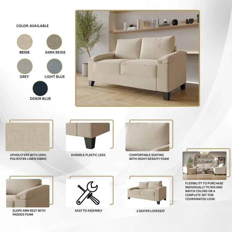 Set da salotto CraftPorch a 3 pezzi in lino imbottito, stile semplice