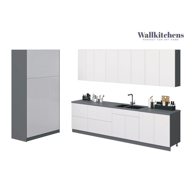 Set di mobili da cucina base bianchi lucidi, larghezza 3 metri, 1 cucina