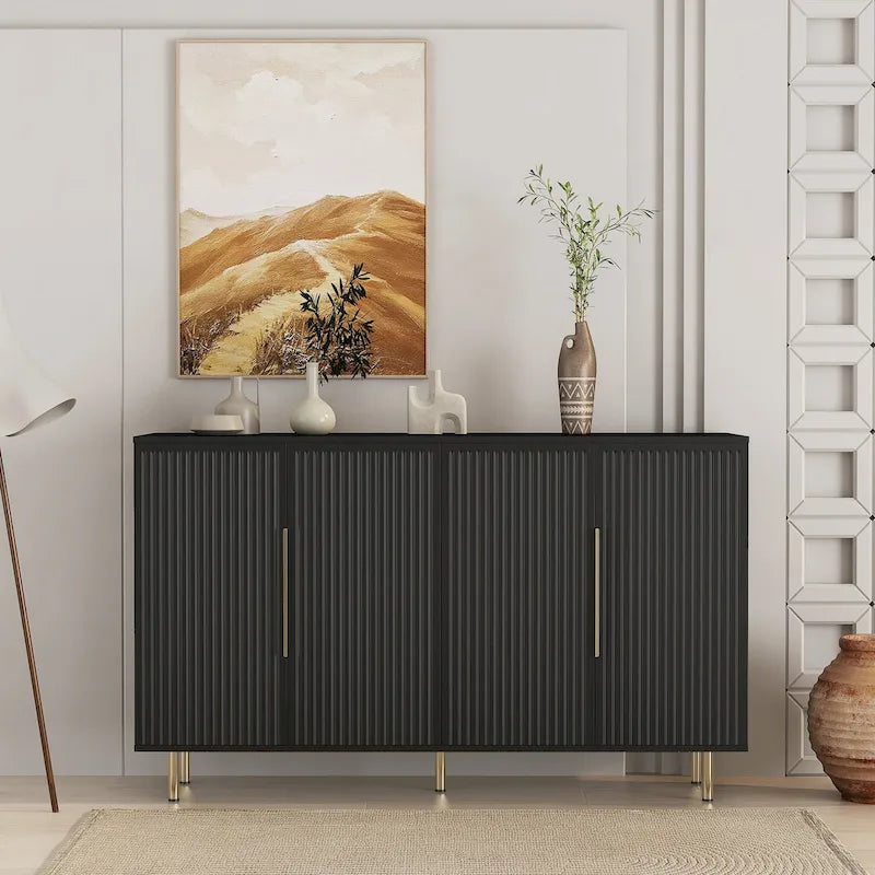 Credenza/Mobile Buffet Scanalato Bianco/Nero, Mobile Contenitore a 2 Ante, Montaggio da 1 Persona