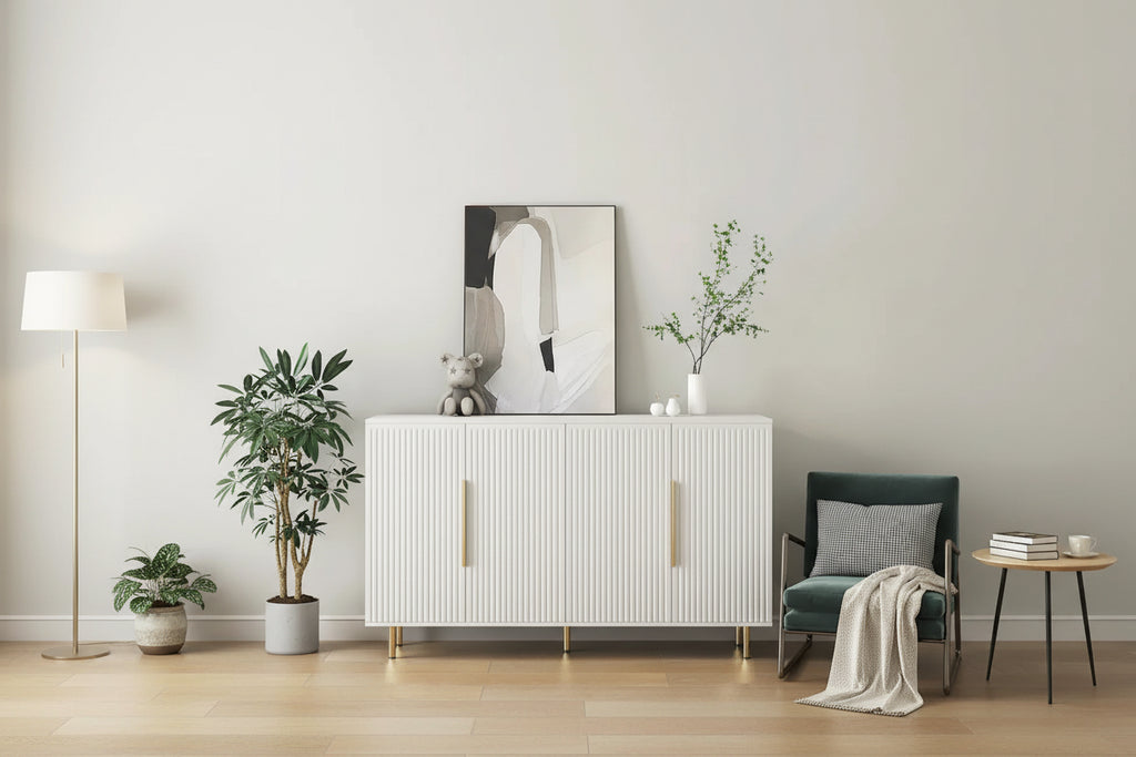 Credenza/Mobile Buffet Scanalato Bianco/Nero, Mobile Contenitore a 2 Ante, Montaggio da 1 Persona