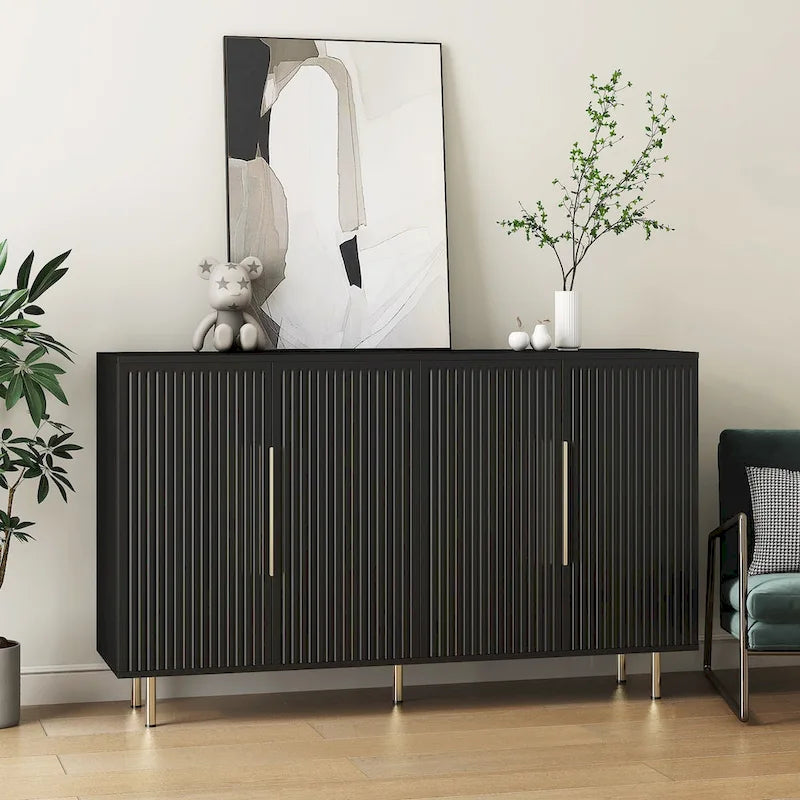 Credenza/Mobile Buffet Scanalato Bianco/Nero, Mobile Contenitore a 2 Ante, Montaggio da 1 Persona