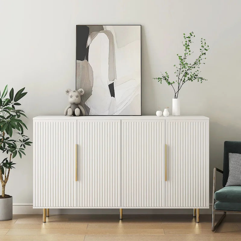 Credenza/Mobile Buffet Scanalato Bianco/Nero, Mobile Contenitore a 2 Ante, Montaggio da 1 Persona