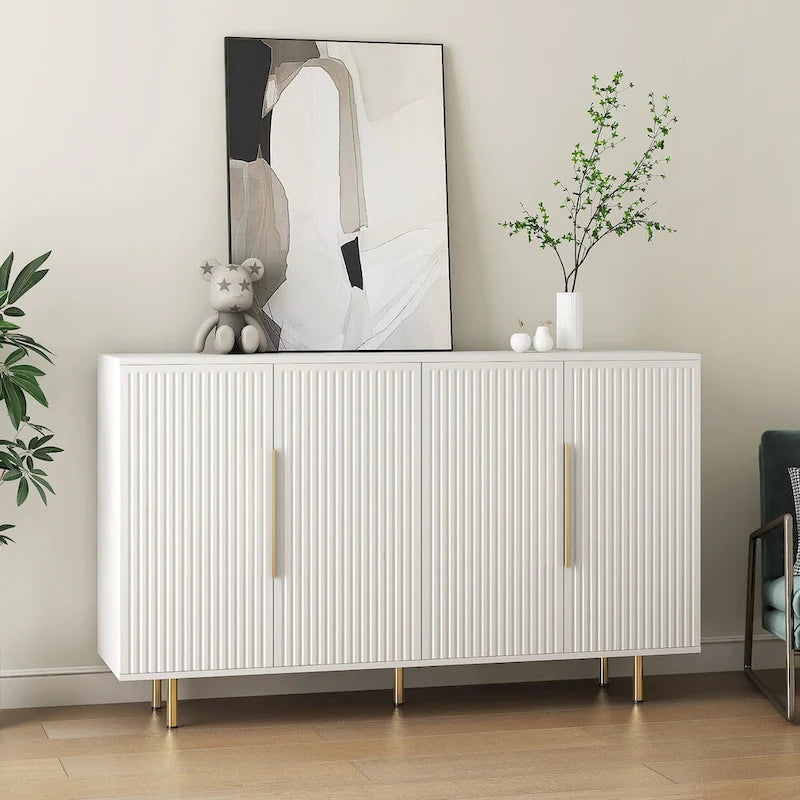 Credenza/Mobile Buffet Scanalato Bianco/Nero, Mobile Contenitore a 2 Ante, Montaggio da 1 Persona