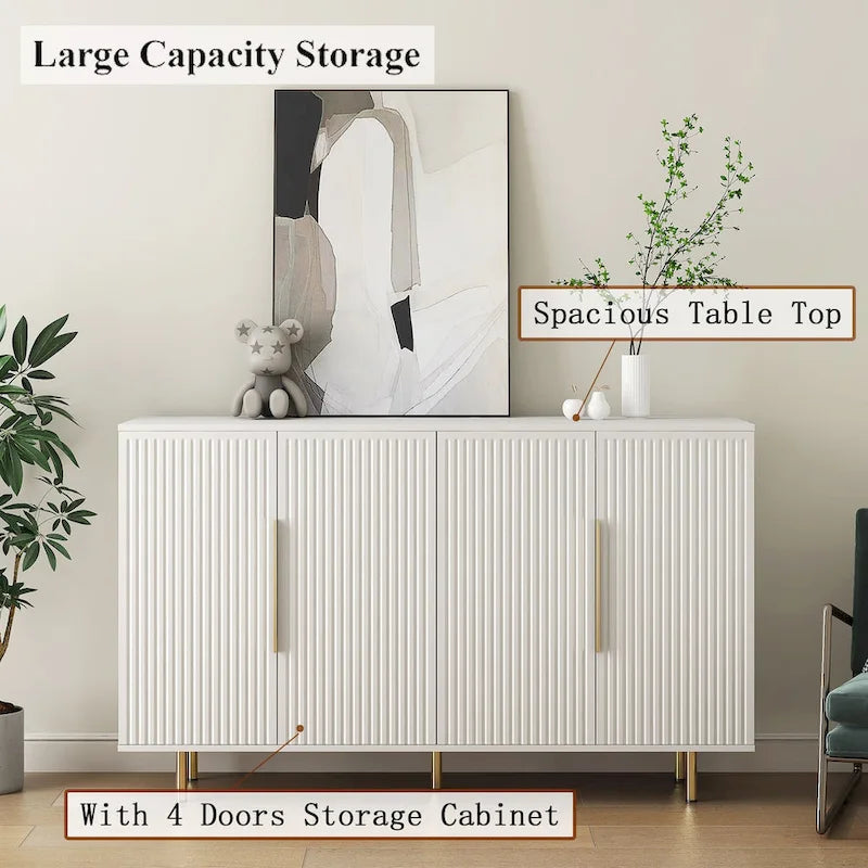 Credenza/Mobile Buffet Scanalato Bianco/Nero, Mobile Contenitore a 2 Ante, Montaggio da 1 Persona