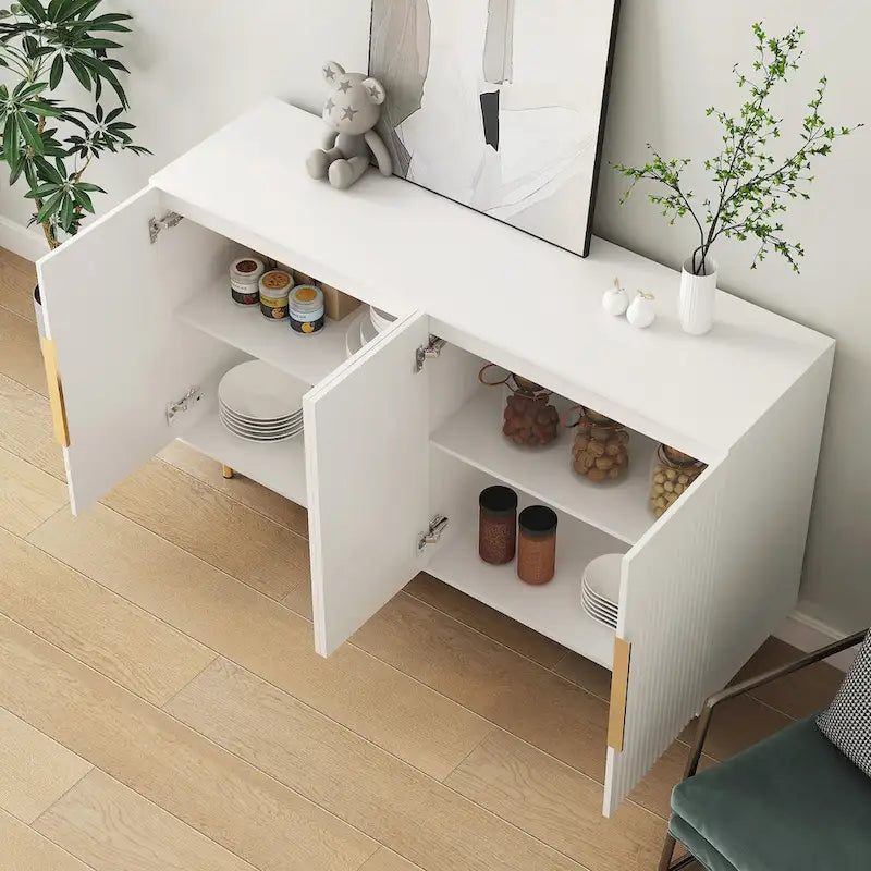 Credenza/Mobile Buffet Scanalato Bianco/Nero, Mobile Contenitore a 2 Ante, Montaggio da 1 Persona