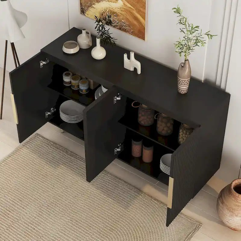 Credenza/Mobile Buffet Scanalato Bianco/Nero, Mobile Contenitore a 2 Ante, Montaggio da 1 Persona