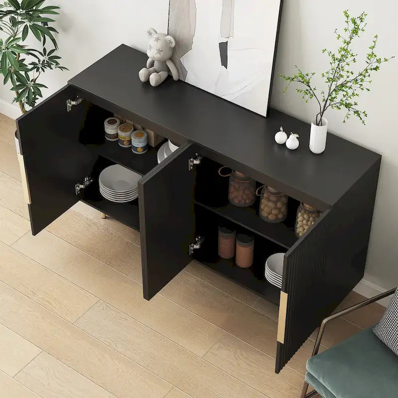 Credenza/Mobile Buffet Scanalato Bianco/Nero, Mobile Contenitore a 2 Ante, Montaggio da 1 Persona