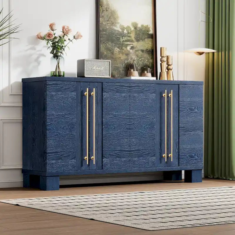 Credenza in legno color tortora/blu navy/nero, ripiani regolabili e maniglie dorate