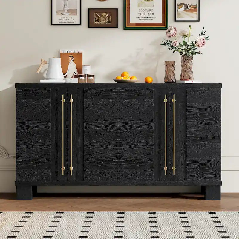 Credenza in legno color tortora/blu navy/nero, ripiani regolabili e maniglie dorate