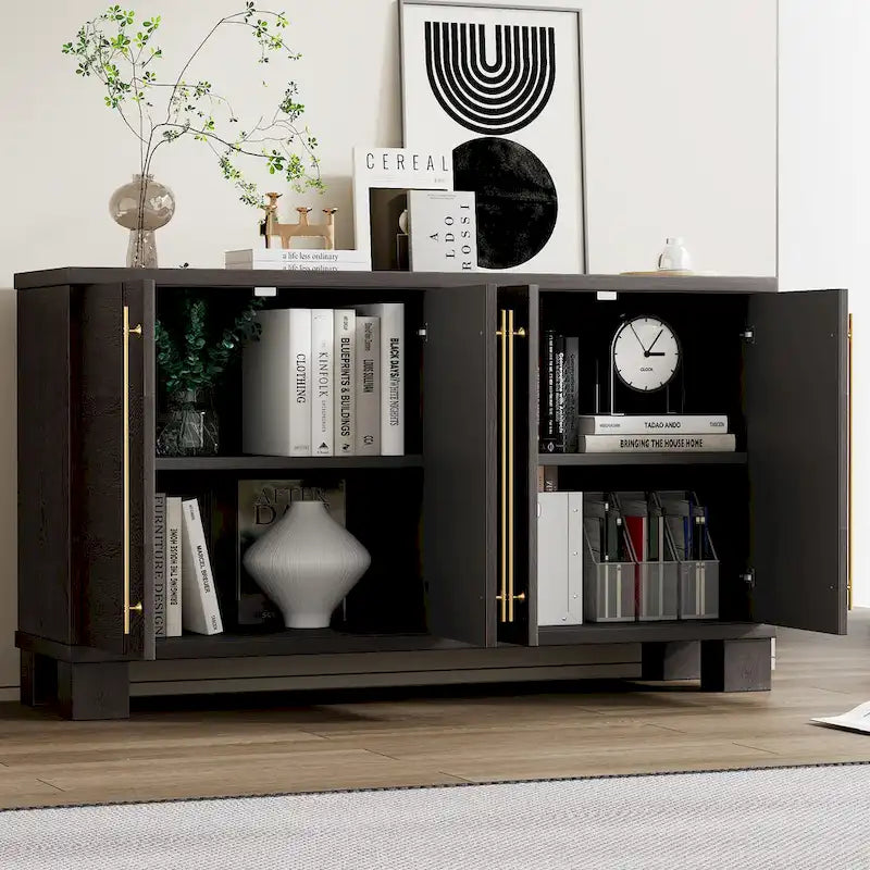Credenza in legno color tortora/blu navy/nero, ripiani regolabili e maniglie dorate