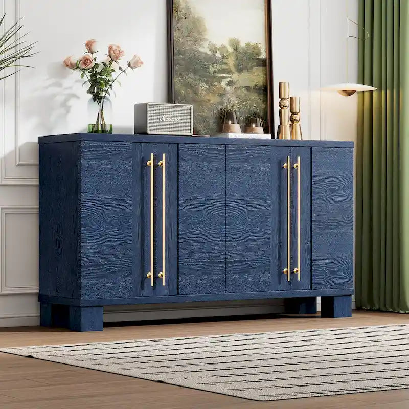 Credenza in legno color tortora/blu navy/nero, ripiani regolabili e maniglie dorate