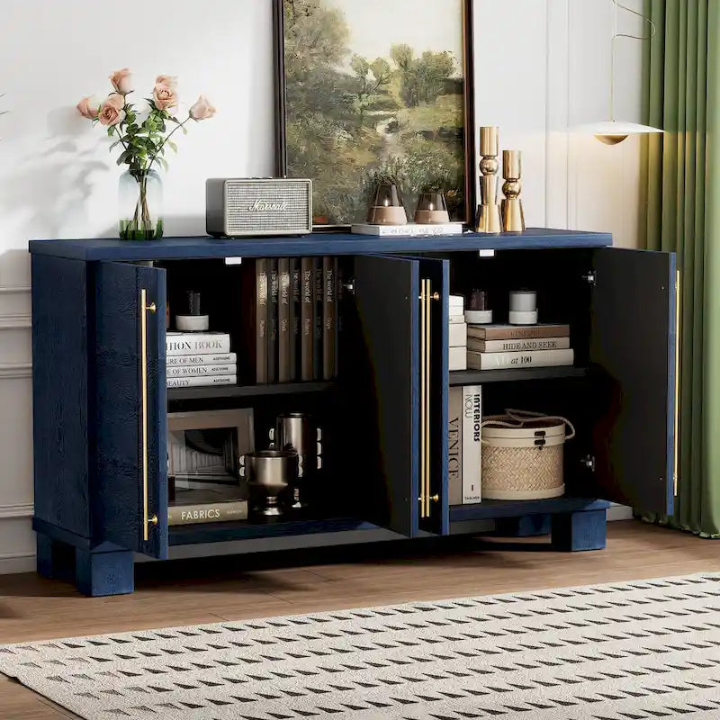 Credenza in legno color tortora/blu navy/nero, ripiani regolabili e maniglie dorate