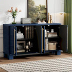 Credenza in legno color tortora/blu navy/nero, ripiani regolabili e maniglie dorate