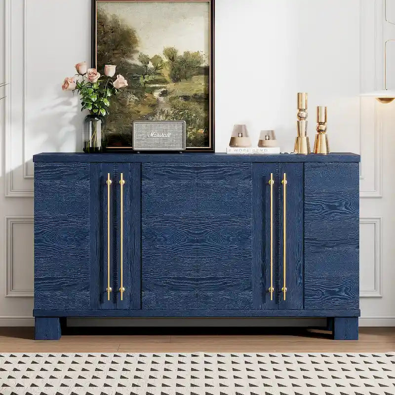 Credenza in legno color tortora/blu navy/nero, ripiani regolabili e maniglie dorate