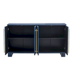 Credenza in legno color tortora/blu navy/nero, ripiani regolabili e maniglie dorate