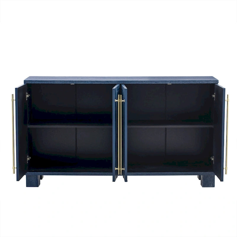 Credenza in legno color tortora/blu navy/nero, ripiani regolabili e maniglie dorate