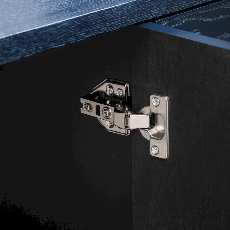 Credenza in legno color tortora/blu navy/nero, ripiani regolabili e maniglie dorate
