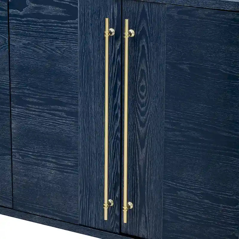 Credenza in legno color tortora/blu navy/nero, ripiani regolabili e maniglie dorate