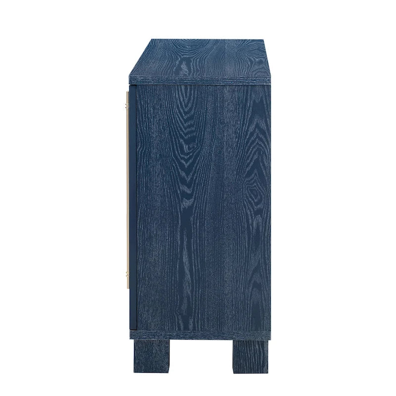 Credenza in legno color tortora/blu navy/nero, ripiani regolabili e maniglie dorate