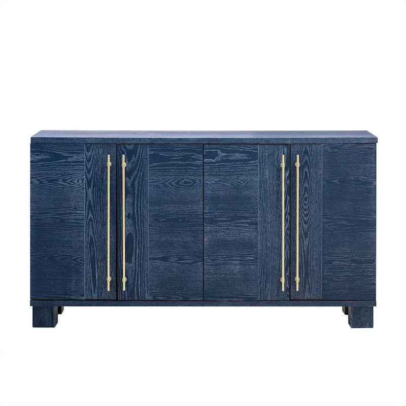Credenza in legno color tortora/blu navy/nero, ripiani regolabili e maniglie dorate