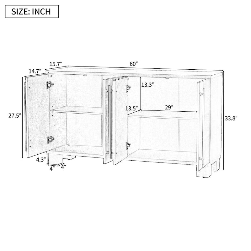 Credenza in legno color tortora/blu navy/nero, ripiani regolabili e maniglie dorate