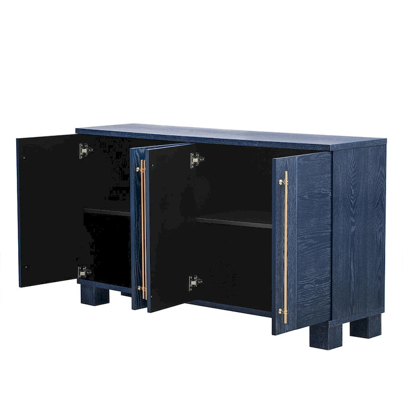 Credenza in legno color tortora/blu navy/nero, ripiani regolabili e maniglie dorate