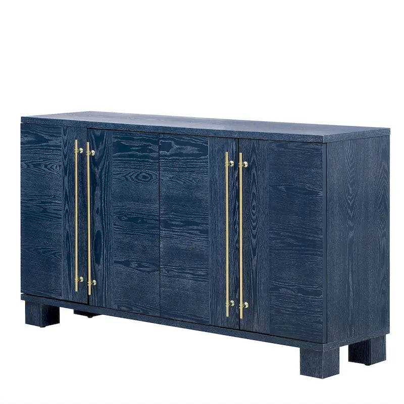 Credenza in legno color tortora/blu navy/nero, ripiani regolabili e maniglie dorate