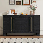 Credenza in legno color tortora/blu navy/nero, ripiani regolabili e maniglie dorate