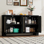 Credenza in legno color tortora/blu navy/nero, ripiani regolabili e maniglie dorate