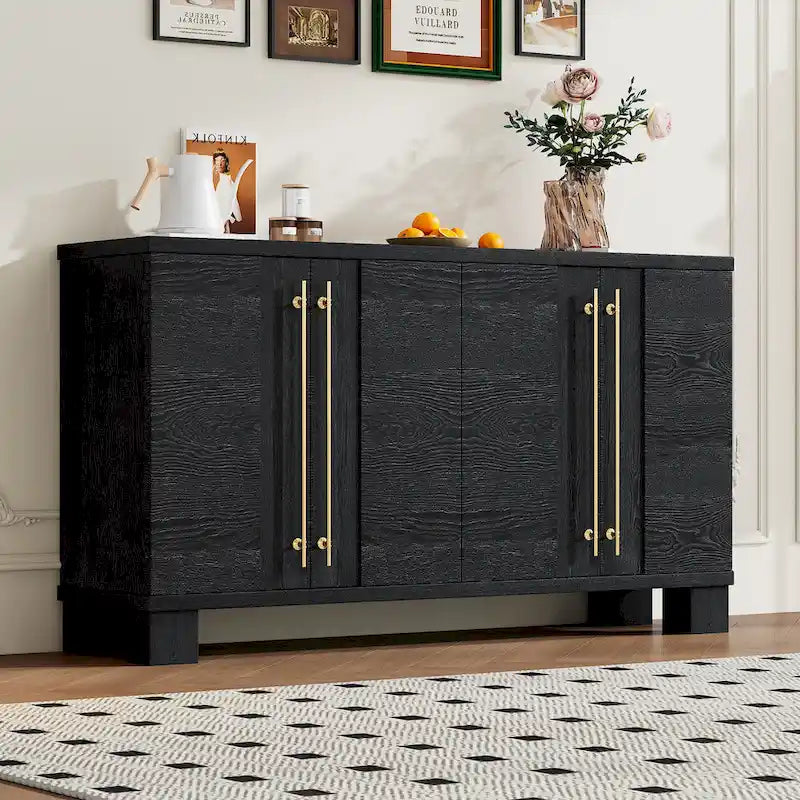 Credenza in legno color tortora/blu navy/nero, ripiani regolabili e maniglie dorate