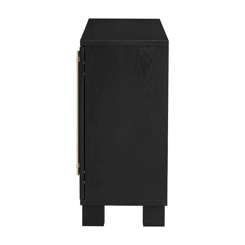 Credenza in legno color tortora/blu navy/nero, ripiani regolabili e maniglie dorate
