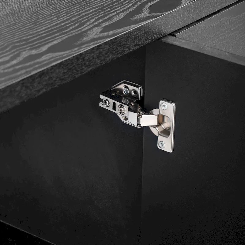 Credenza in legno color tortora/blu navy/nero, ripiani regolabili e maniglie dorate