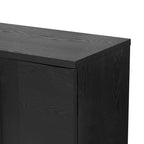 Credenza in legno color tortora/blu navy/nero, ripiani regolabili e maniglie dorate