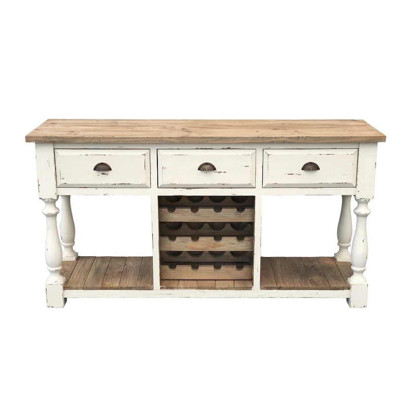 Console in gesso bianco e pino naturale con portabottiglie + 3 cassetti
