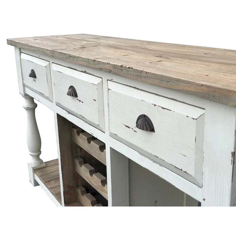 Console in gesso bianco e pino naturale con portabottiglie + 3 cassetti