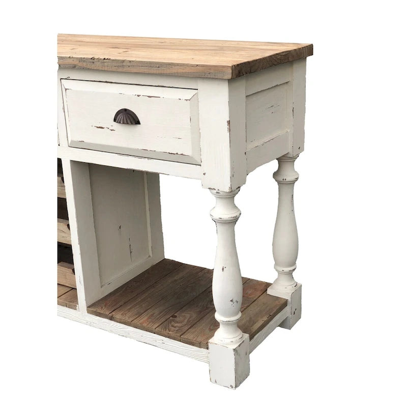 Console in gesso bianco e pino naturale con portabottiglie + 3 cassetti