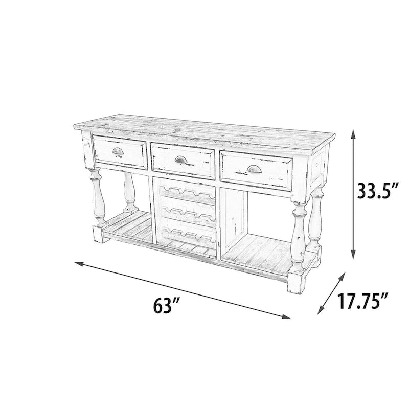 Console in gesso bianco e pino naturale con portabottiglie + 3 cassetti