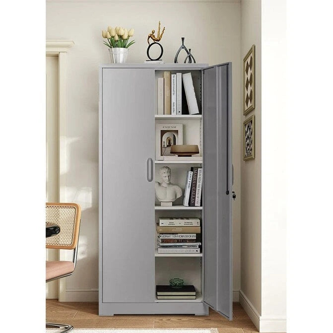 Armadietto portaoggetti in acciaio da 180 cm con 2 ante con serratura e 4 ripiani regolabili – Nero / Bianco crema / Grigio, montaggio in 1 persona